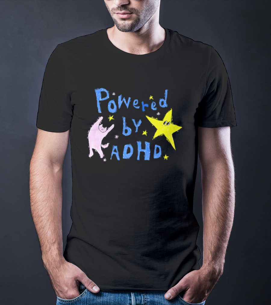 Powered By ADHD Neurodivergent Star And Cat With Yellow Stars T-Shirt