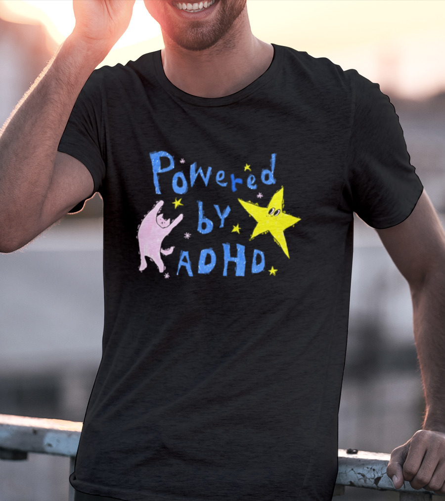 Powered By ADHD Neurodivergent Star And Cat With Yellow Stars T-Shirt