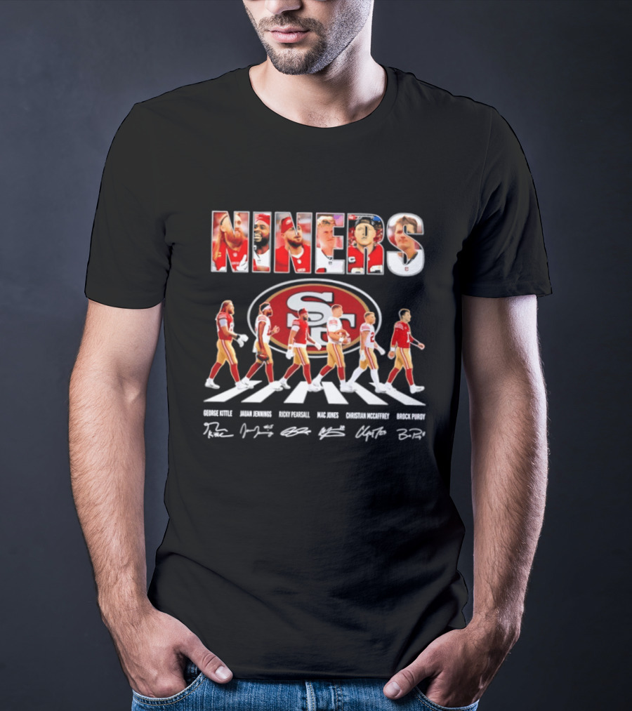 San Francisco 49ers George Kittle Jauan Jennings Ricky Pearsall Mac Jones Christian McCaffrey NINERS Walk NFL Legends Signatures T-Shirt