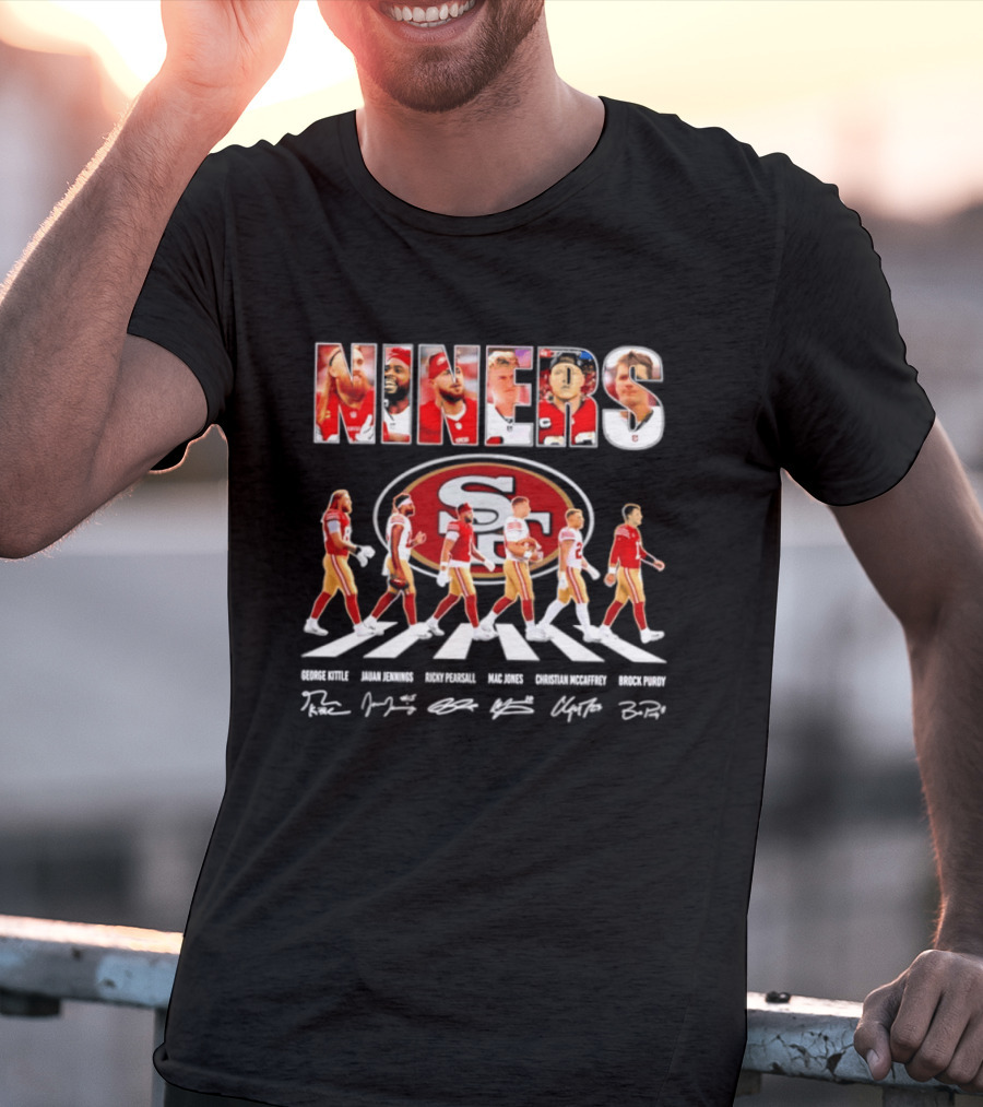 San Francisco 49ers George Kittle Jauan Jennings Ricky Pearsall Mac Jones Christian McCaffrey NINERS Walk NFL Legends Signatures T-Shirt