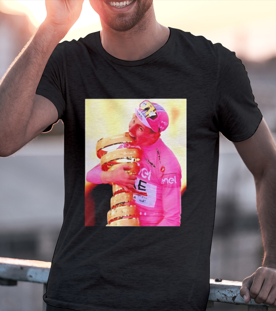 Tadej Pogacar 2024 Giro D'Italia Trophy Celebration In Pink Jersey T-Shirt