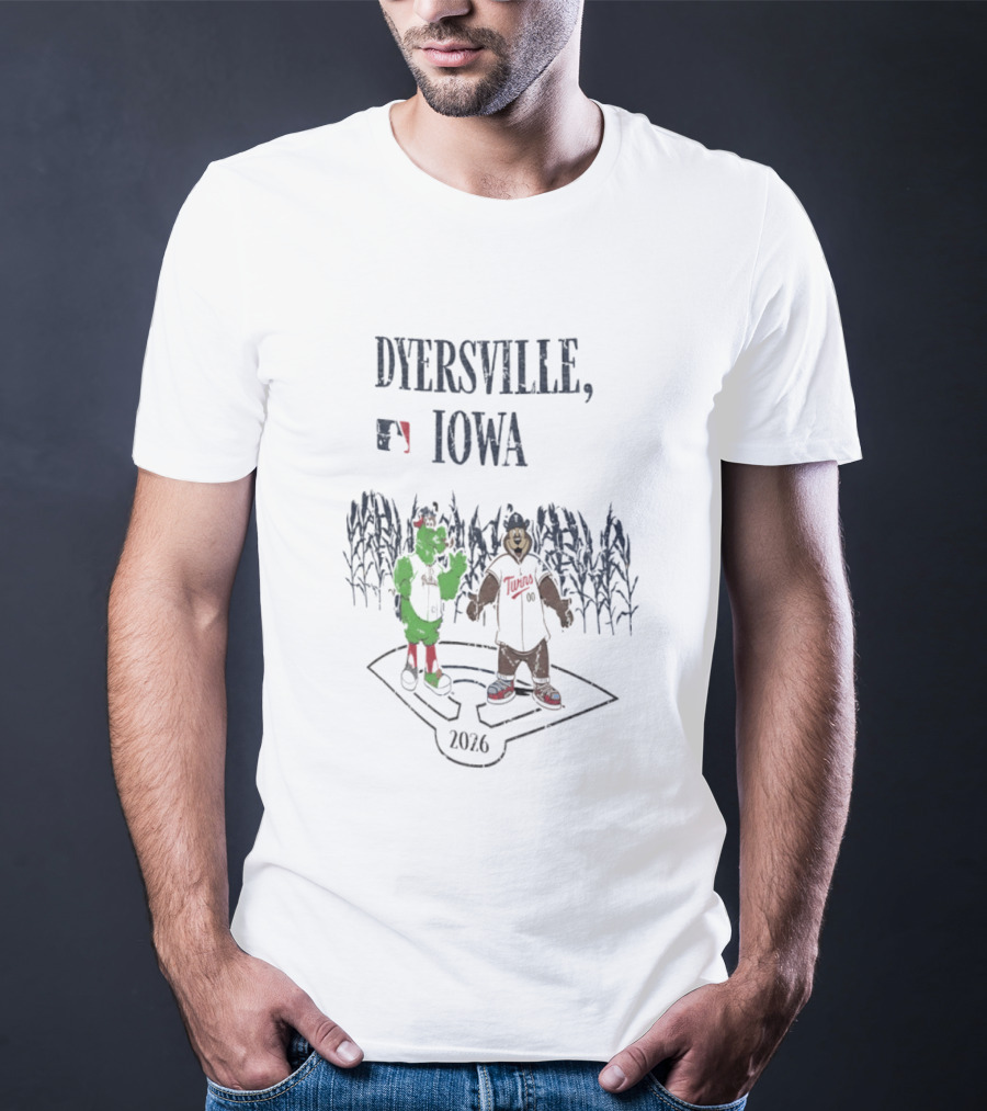 Dyersville Iowa 2026 MLB Philadelphia Phillies Vs Minnesota Twins Phillie Phanatic T.C. Bear Field Of Dreams T-Shirt