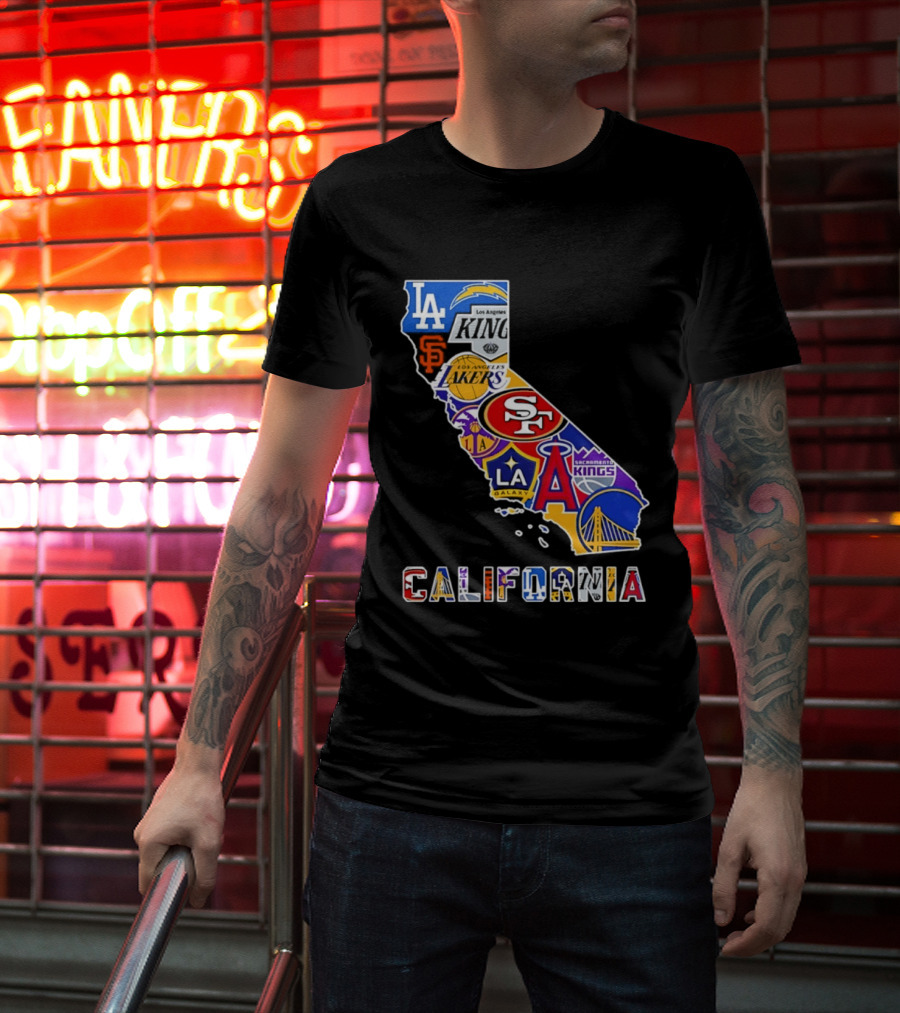 California Map Collage With 49ers Lakers Kings Giants Angels Dodgers Logos 2026 T-Shirt
