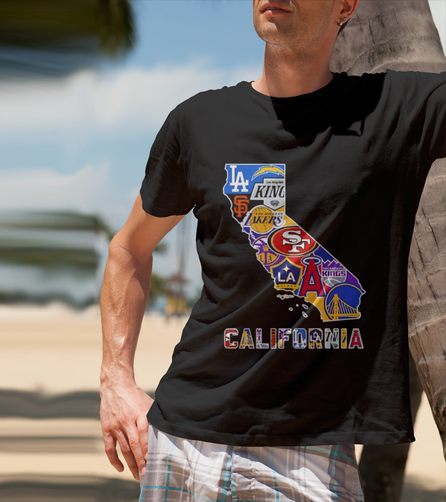 California Map Collage With 49ers Lakers Kings Giants Angels Dodgers Logos 2026 T-Shirt