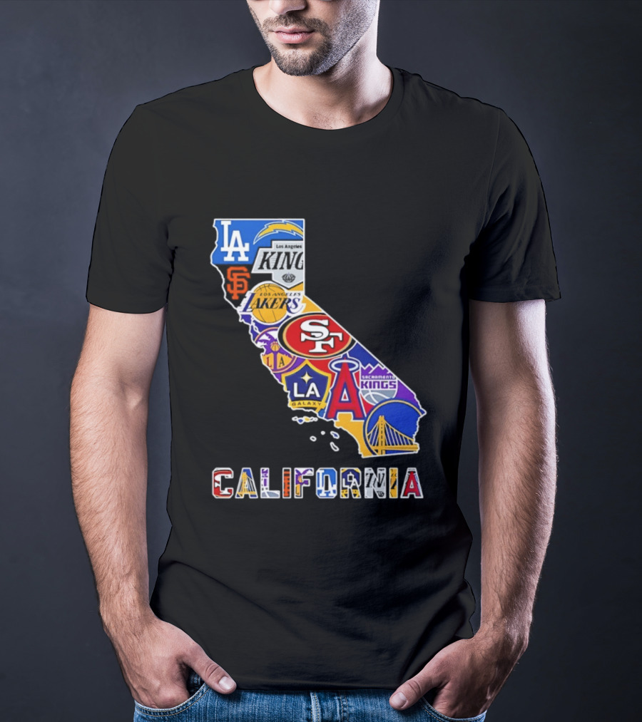 California Map Collage With 49ers Lakers Kings Giants Angels Dodgers Logos 2026 T-Shirt