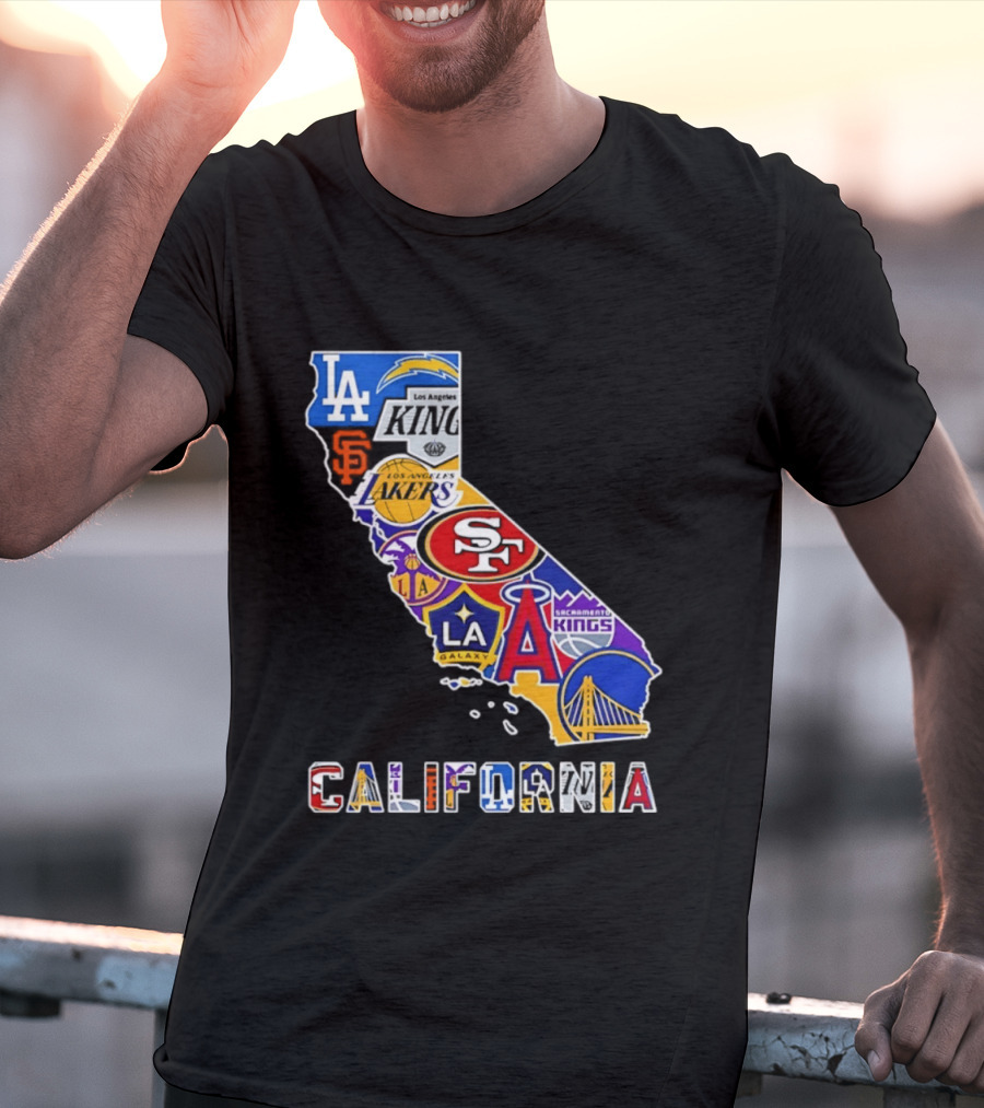 California Map Collage With 49ers Lakers Kings Giants Angels Dodgers Logos 2026 T-Shirt