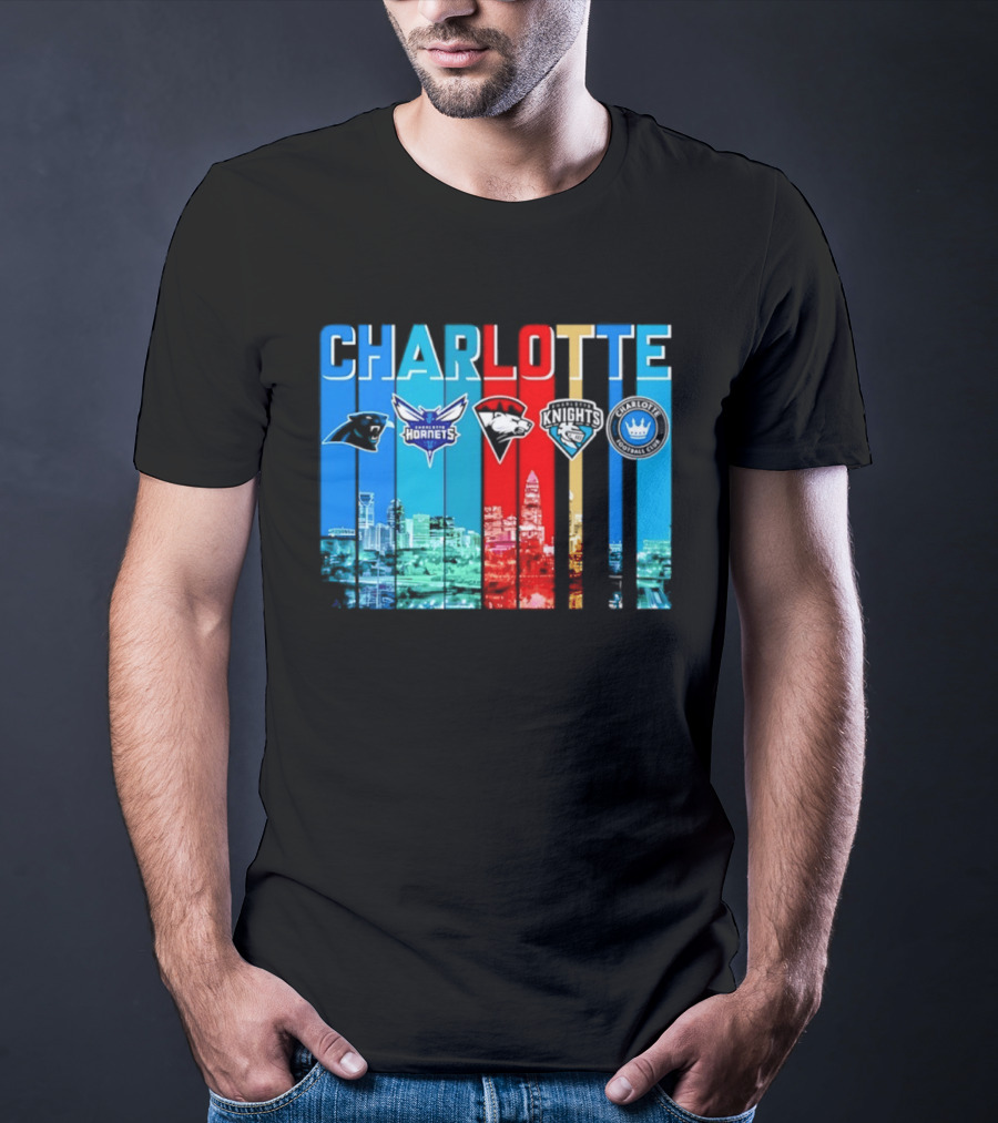 Charlotte Panthers Hornets Knights City Skyline Sports Team Logos T-Shirt