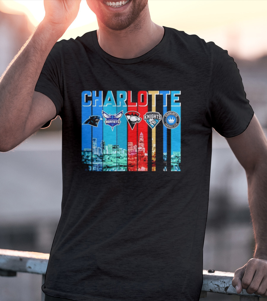 Charlotte Panthers Hornets Knights City Skyline Sports Team Logos T-Shirt