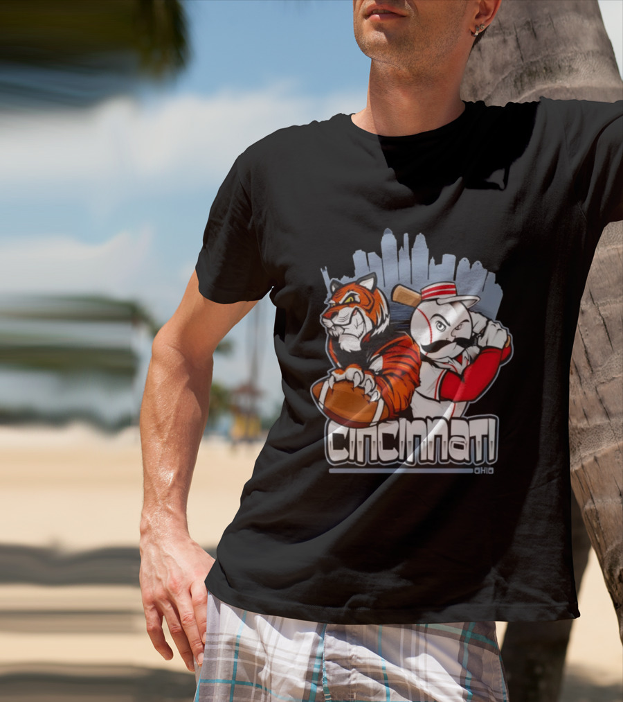 Cincinnati Reds Bengals Skyline Ohio Tiger And Baseball Character 2026 T-Shirt