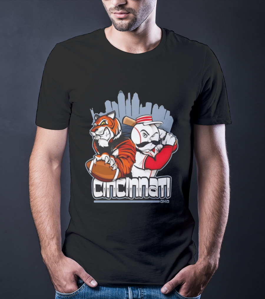 Cincinnati Reds Bengals Skyline Ohio Tiger And Baseball Character 2026 T-Shirt