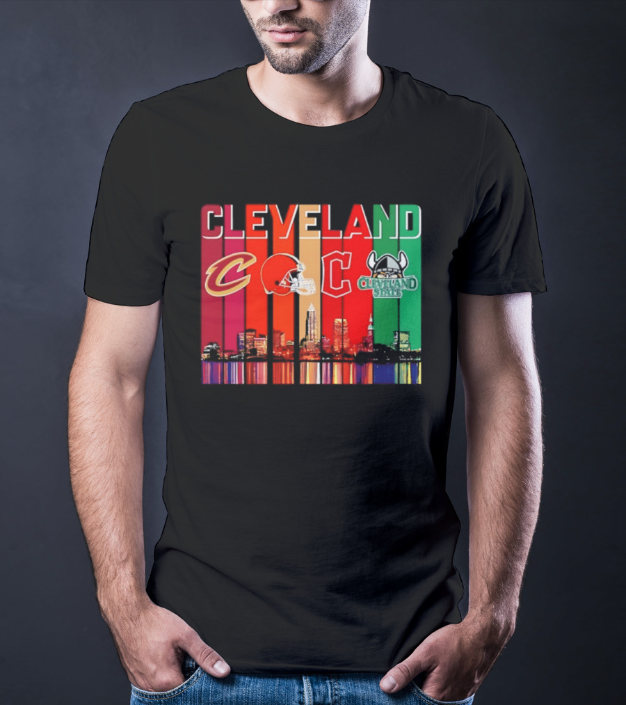 Cleveland Cavaliers Browns Guardians Cleveland State Vikings City Skyline T-Shirt