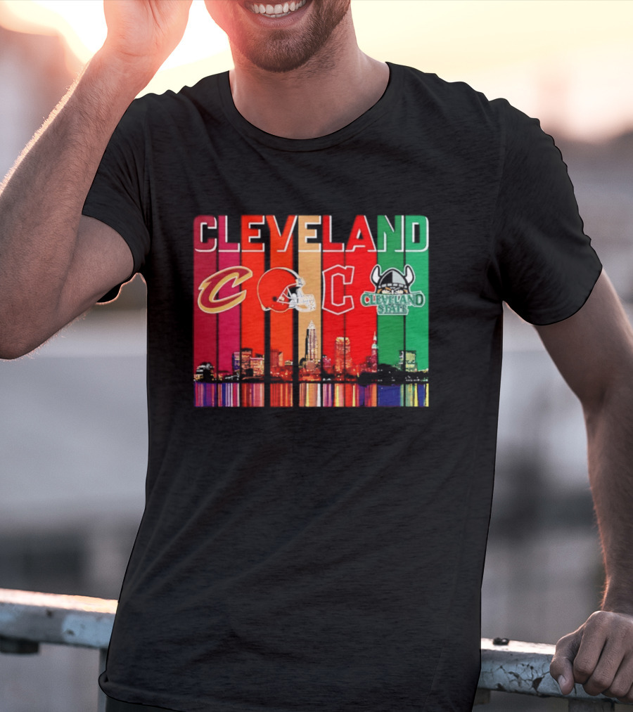 Cleveland Cavaliers Browns Guardians Cleveland State Vikings City Skyline T-Shirt