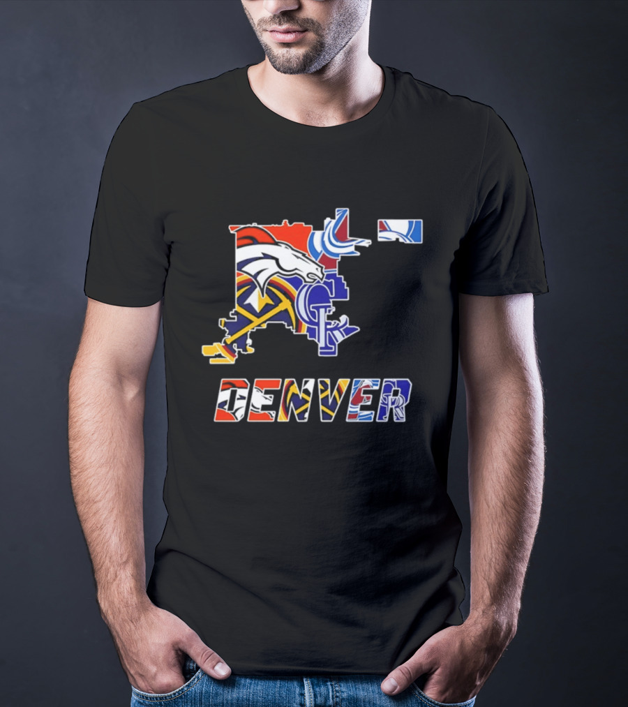 Denver Broncos Nuggets Avalanche Rockies Map Sports Team Logos T-Shirt