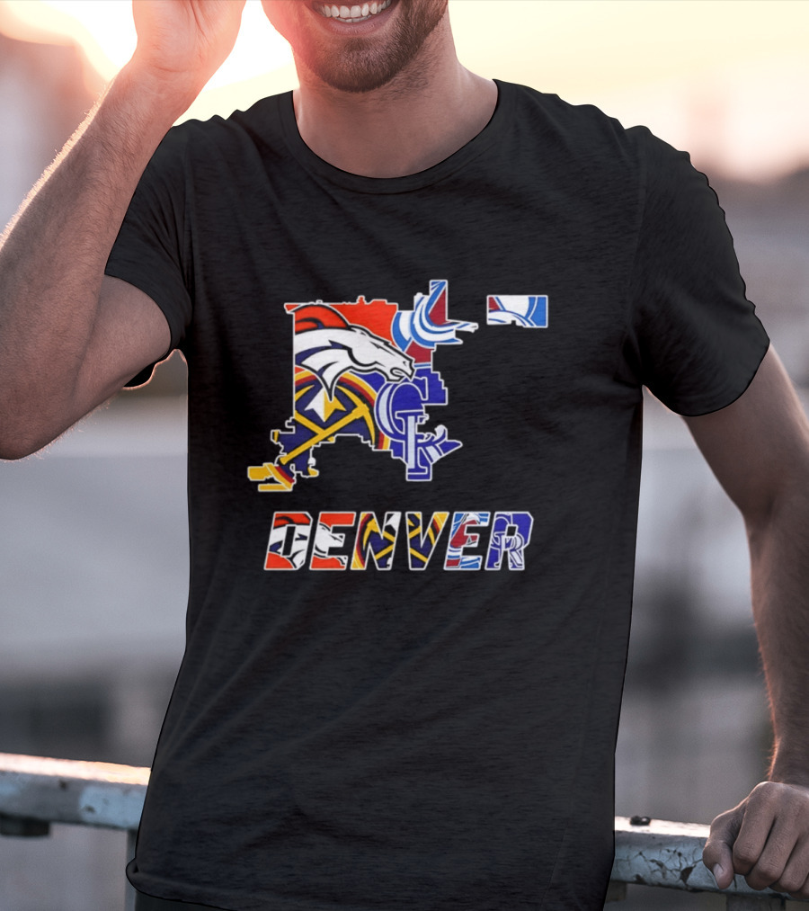 Denver Broncos Nuggets Avalanche Rockies Map Sports Team Logos T-Shirt