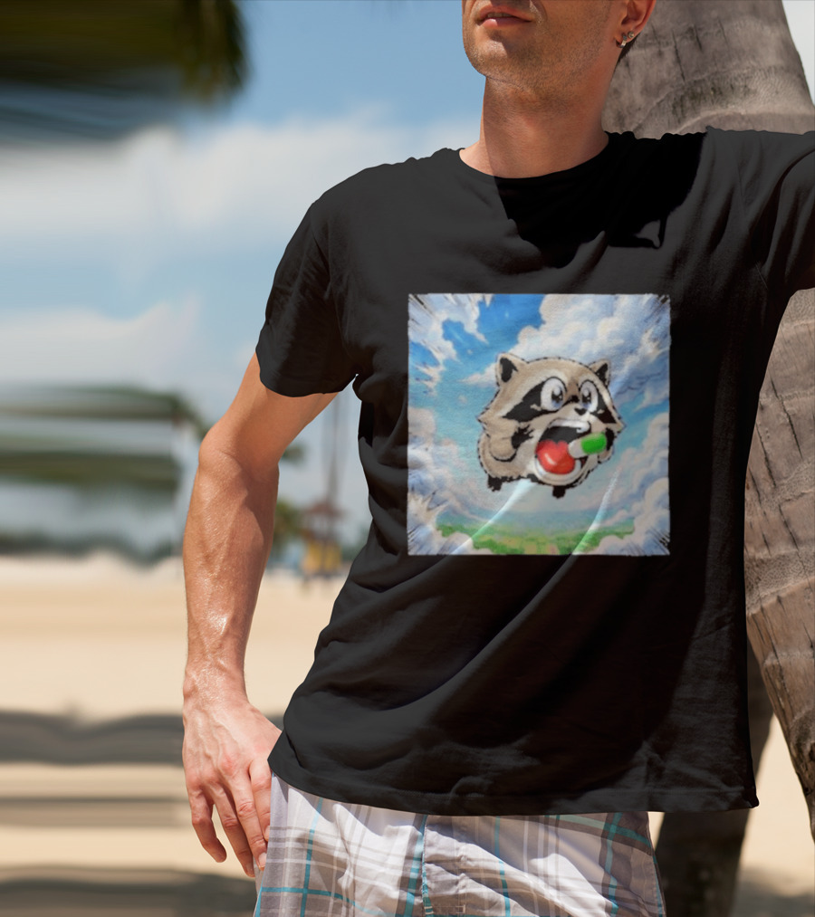 Jimothy Raccoon Cartoon Sky Dive With Colorful Capsule T-Shirt