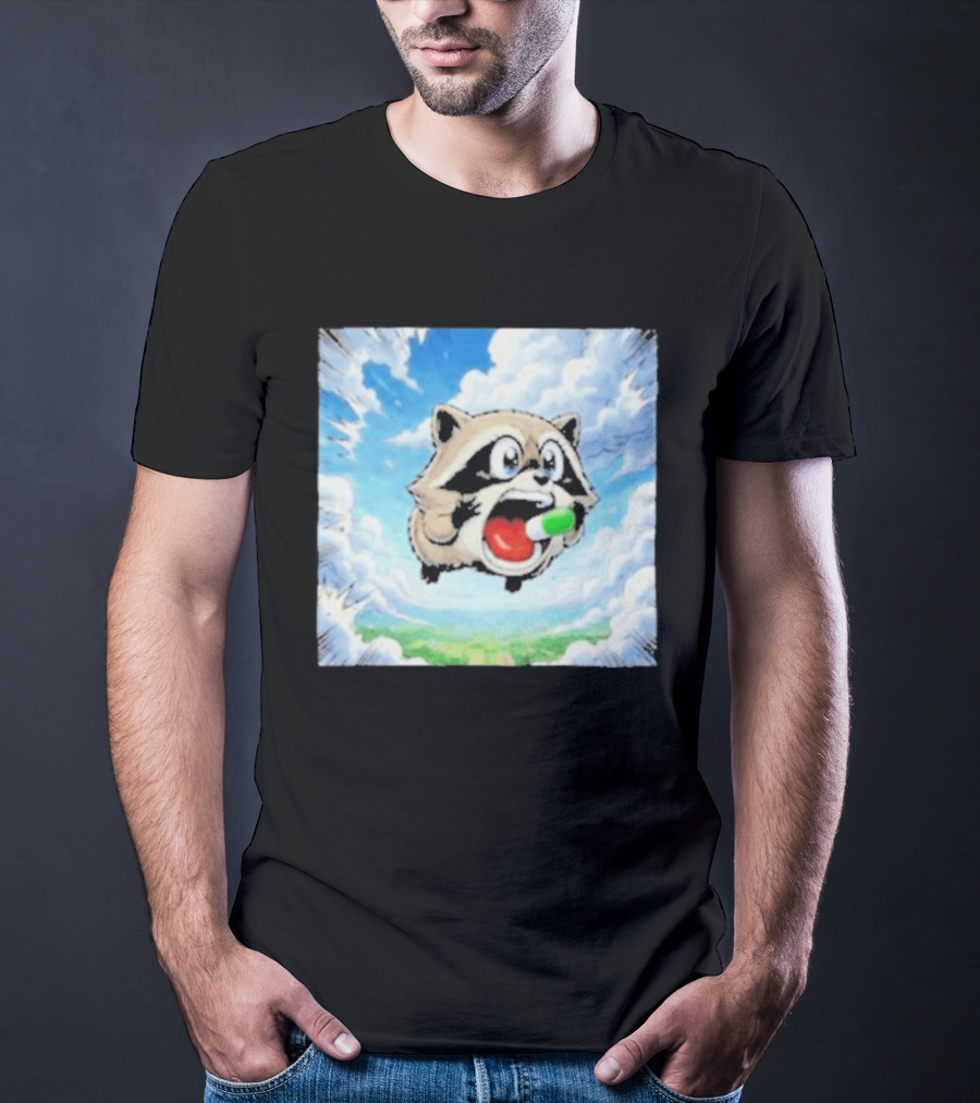 Jimothy Raccoon Cartoon Sky Dive With Colorful Capsule T-Shirt