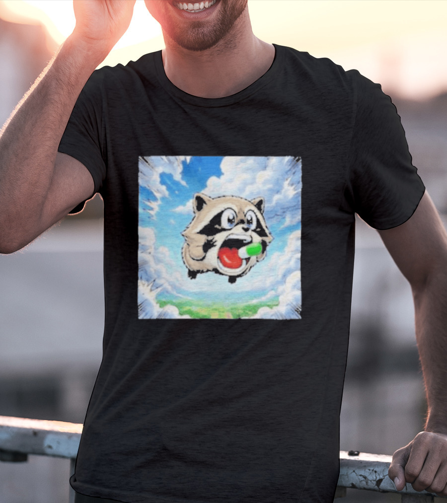 Jimothy Raccoon Cartoon Sky Dive With Colorful Capsule T-Shirt