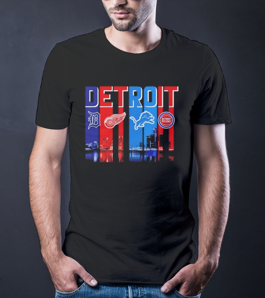 Detroit Tigers Red Wings Lions Pistons City Skyline 2026 T-Shirt