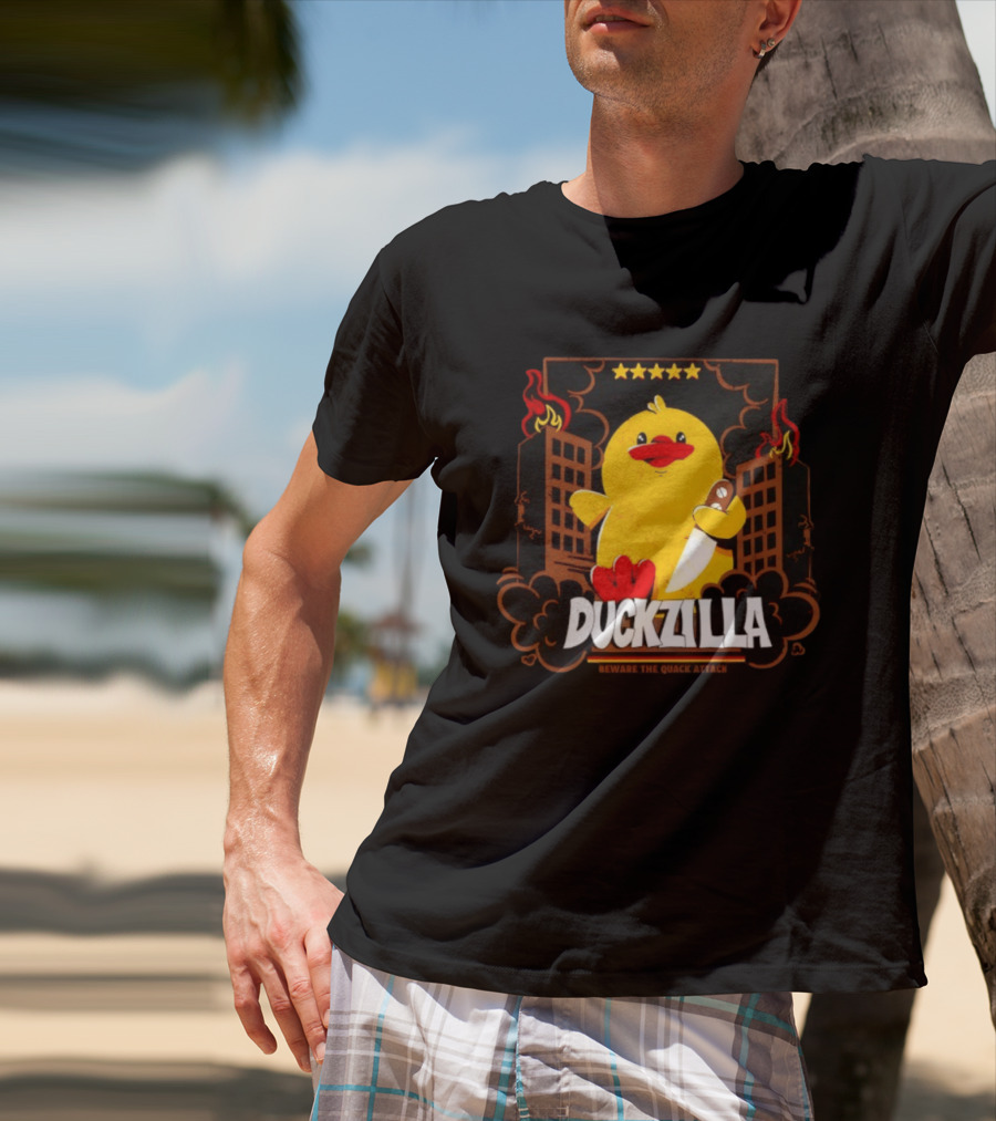 Duckzilla Beware The Quack Attack Knife Wielding Giant Duck With Burning Buildings T-Shirt
