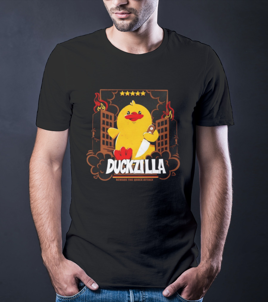 Duckzilla Beware The Quack Attack Knife Wielding Giant Duck With Burning Buildings T-Shirt