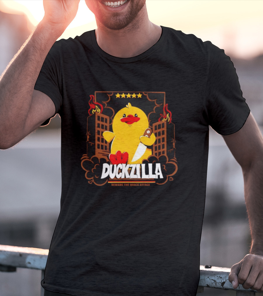 Duckzilla Beware The Quack Attack Knife Wielding Giant Duck With Burning Buildings T-Shirt