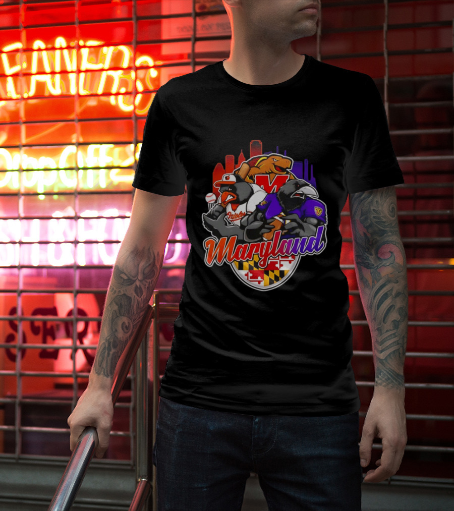 Maryland Orioles Ravens Terrapins Skyline Mashup With Flag T-Shirt