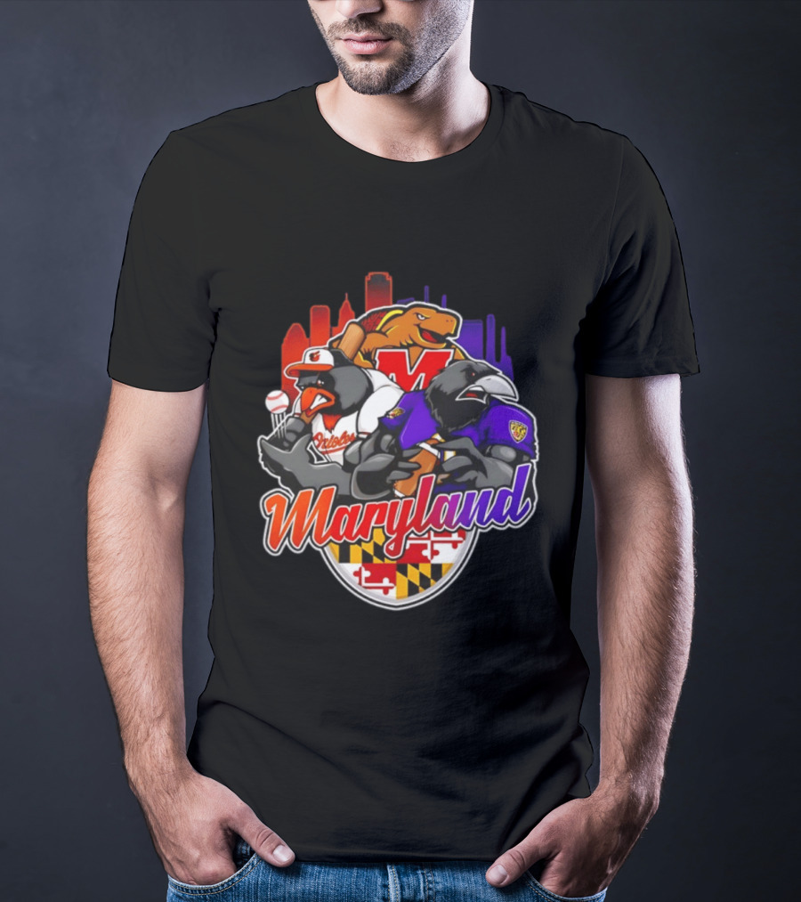 Maryland Orioles Ravens Terrapins Skyline Mashup With Flag T-Shirt