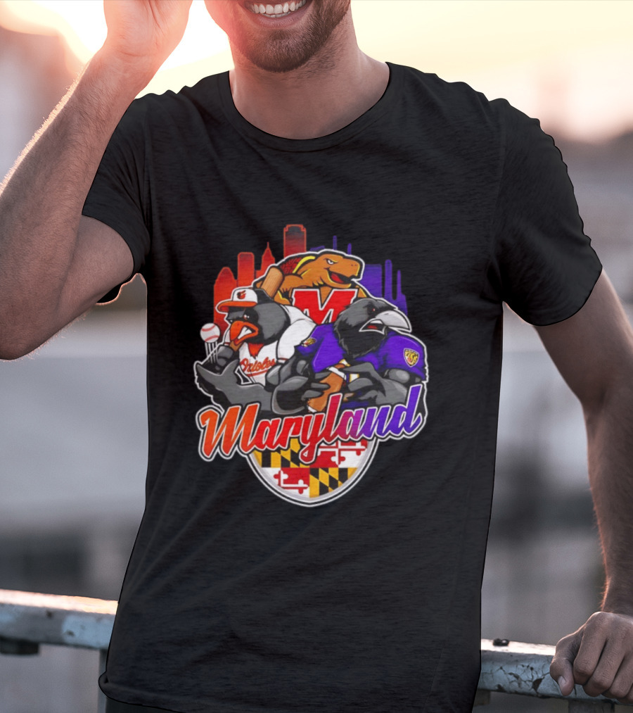 Maryland Orioles Ravens Terrapins Skyline Mashup With Flag T-Shirt