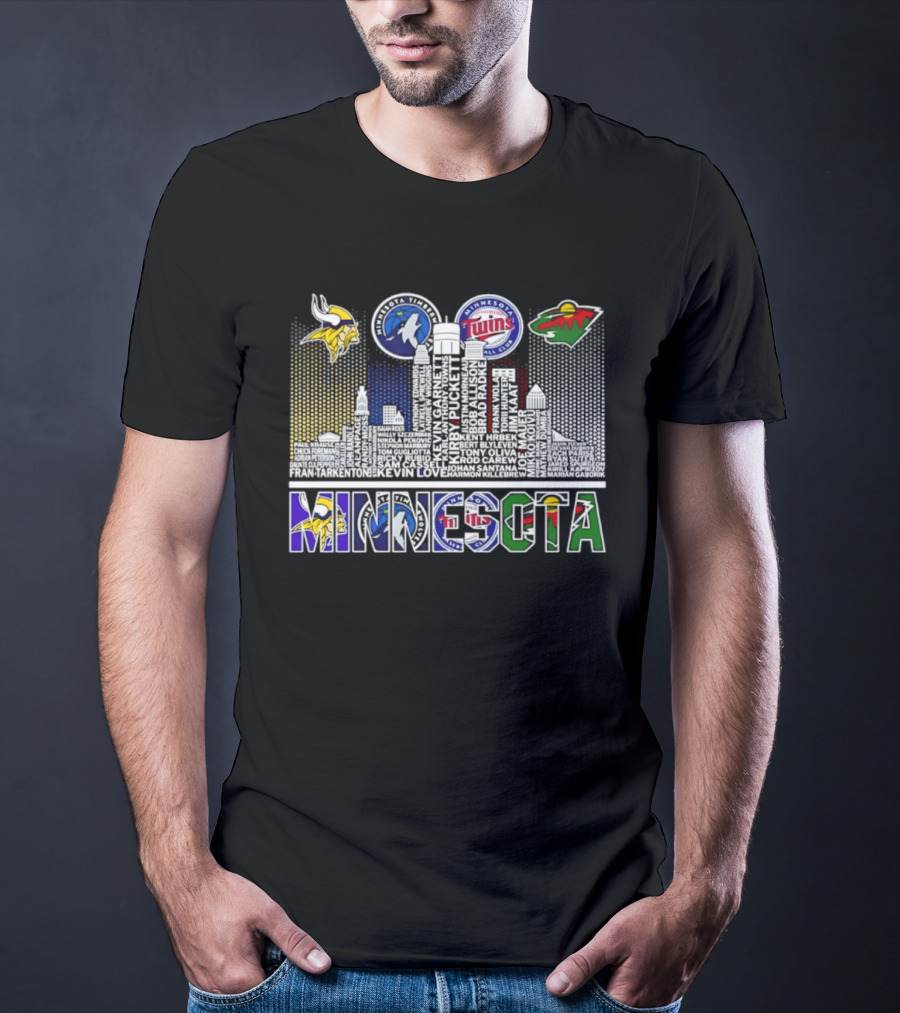 Minnesota Vikings Timberwolves Twins Wild Skyline Roster Names T-Shirt