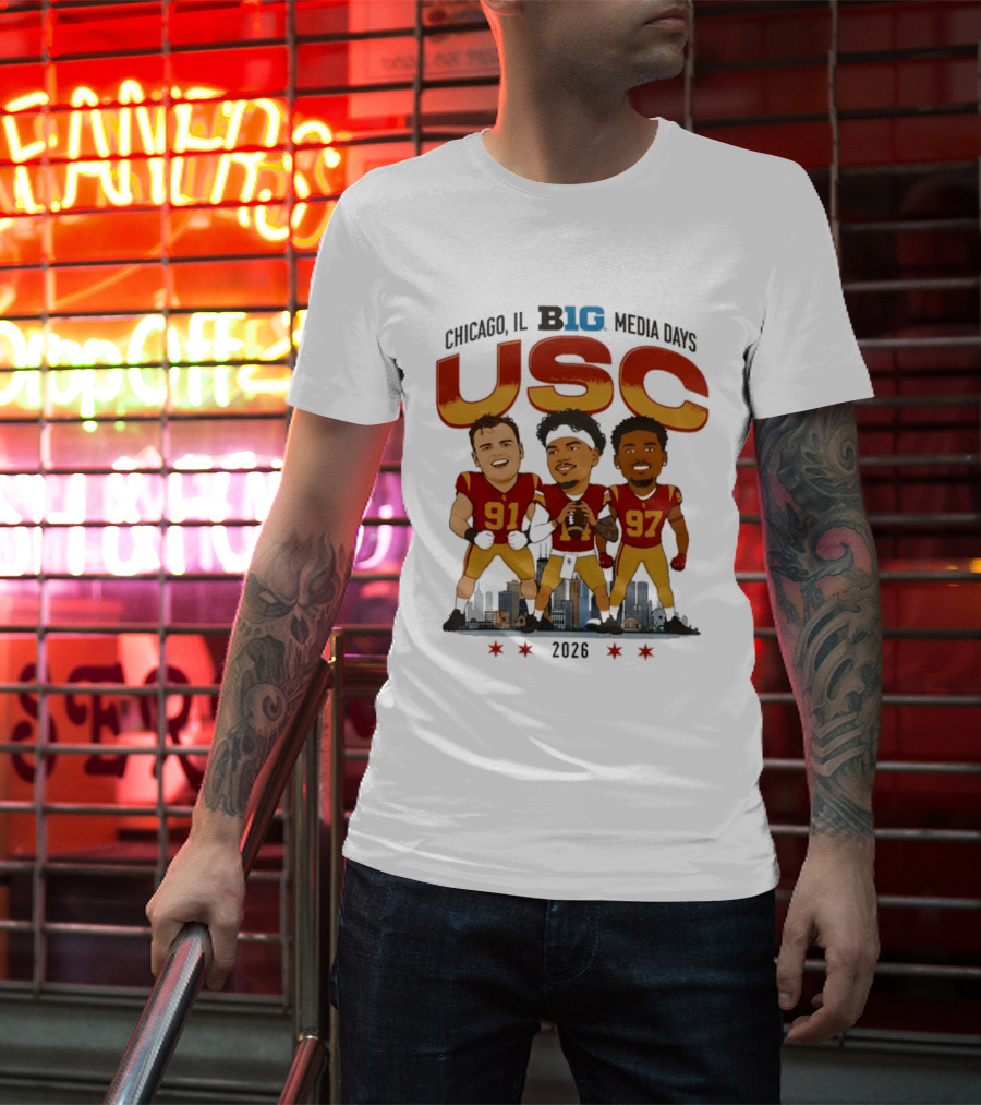 USC Trojans Big Ten Media Days 2026 Chicago Skyline Caricature Jayden Maiava Alex VanSumeren Jide Abasiri T-Shirt