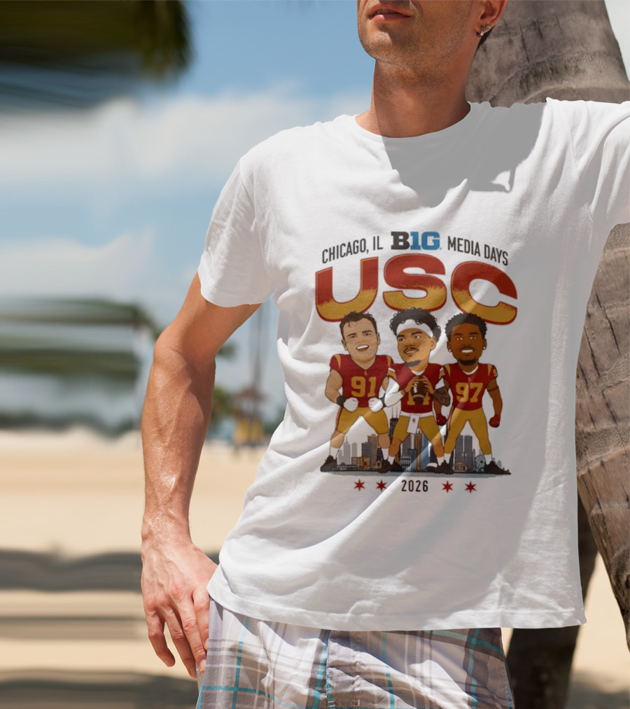 USC Trojans Big Ten Media Days 2026 Chicago Skyline Caricature Jayden Maiava Alex VanSumeren Jide Abasiri T-Shirt