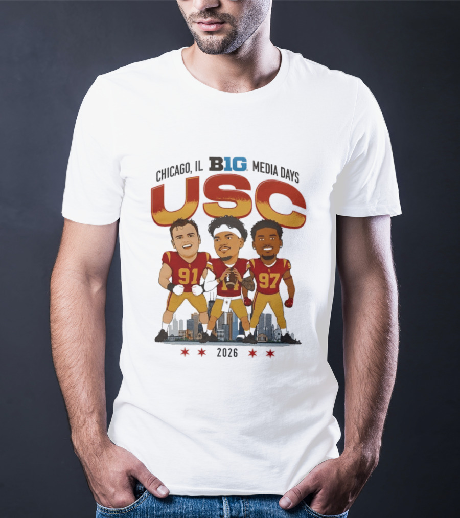 USC Trojans Big Ten Media Days 2026 Chicago Skyline Caricature Jayden Maiava Alex VanSumeren Jide Abasiri T-Shirt