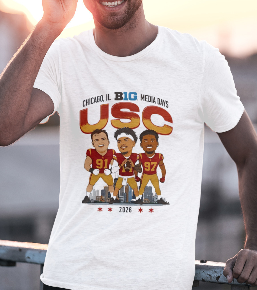 USC Trojans Big Ten Media Days 2026 Chicago Skyline Caricature Jayden Maiava Alex VanSumeren Jide Abasiri T-Shirt