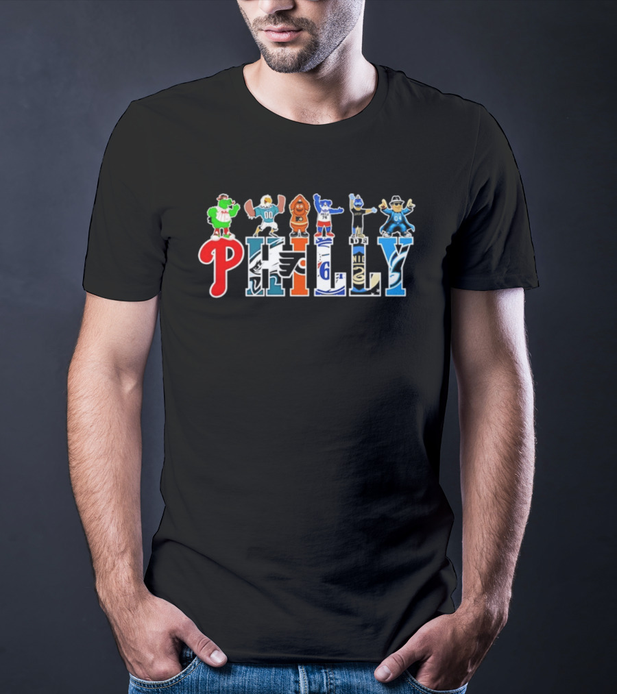 Philly Mascots 2026 Phillies Eagles Flyers Sixers Union Phanatic Gritty Swoop Franklin Fang T-Shirt