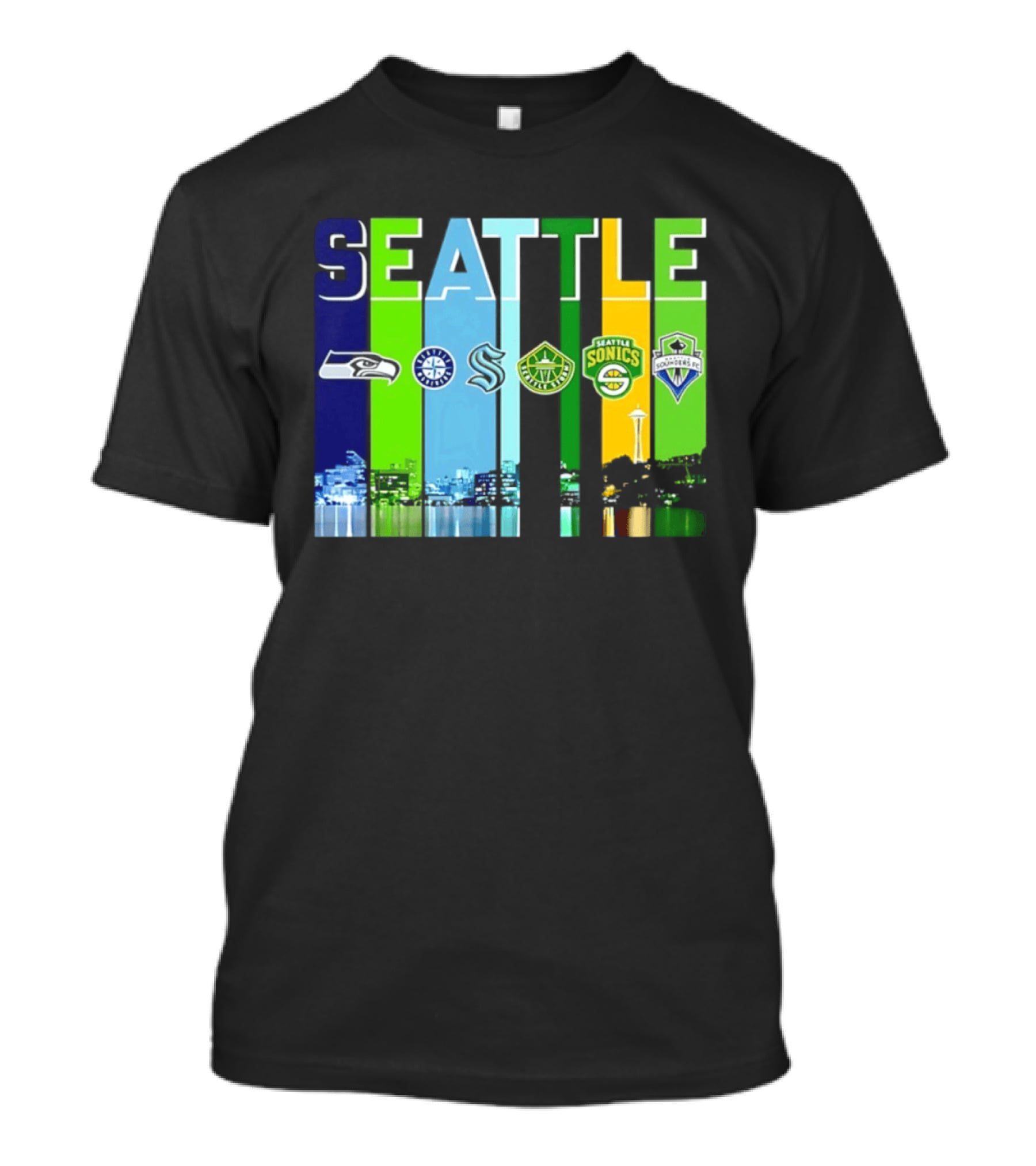 Seattle Seahawks Mariners Kraken Sonics Storm Sounders City Skyline T-Shirt