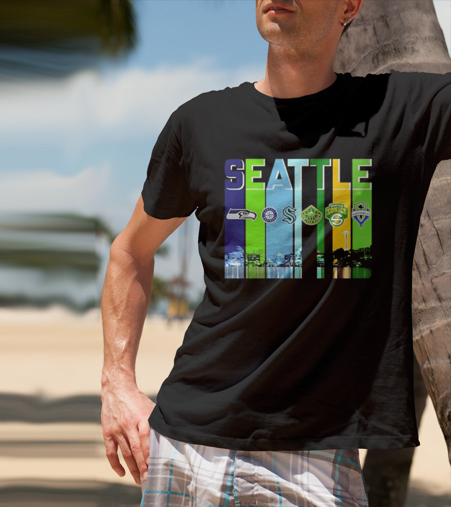 Seattle Seahawks Mariners Kraken Sonics Storm Sounders City Skyline T-Shirt