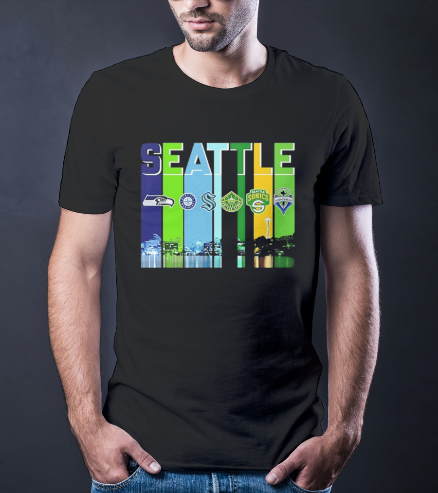 Seattle Seahawks Mariners Kraken Sonics Storm Sounders City Skyline T-Shirt
