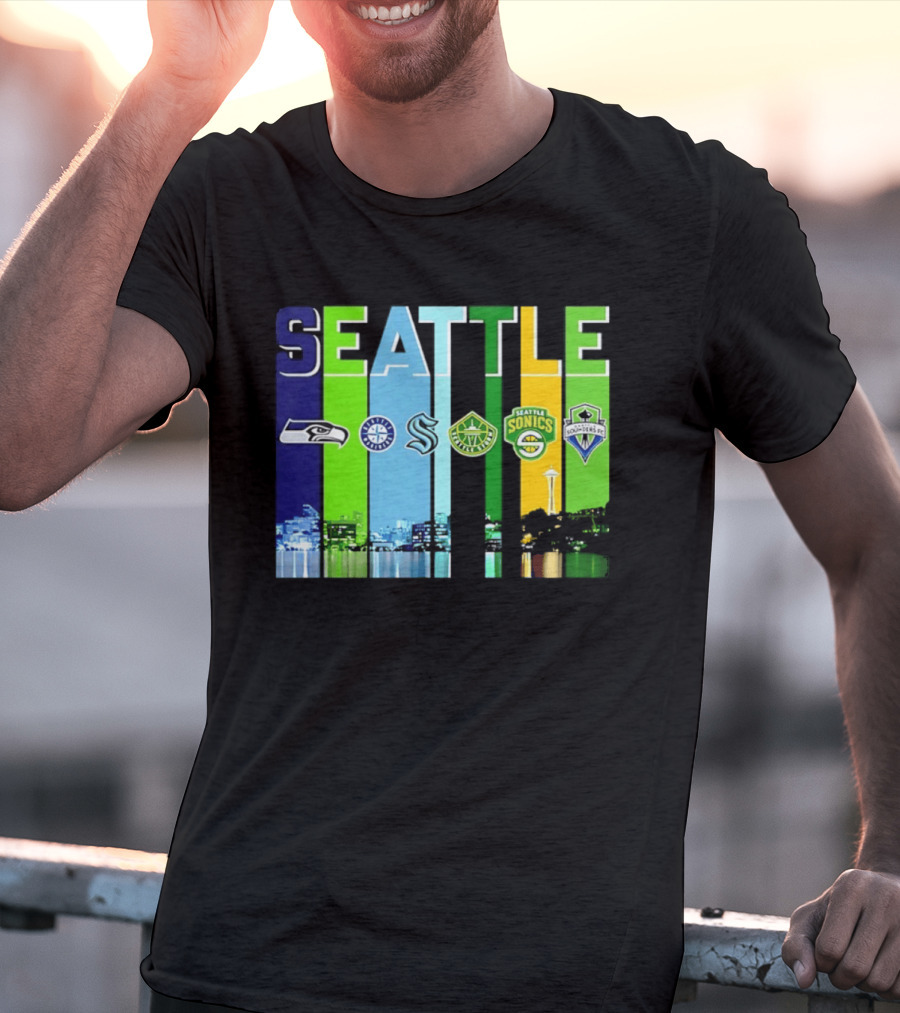 Seattle Seahawks Mariners Kraken Sonics Storm Sounders City Skyline T-Shirt