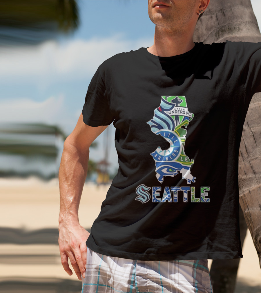 Seattle Kraken Mariners Seahawks Sounders FC Map Collage 2026 T-Shirt