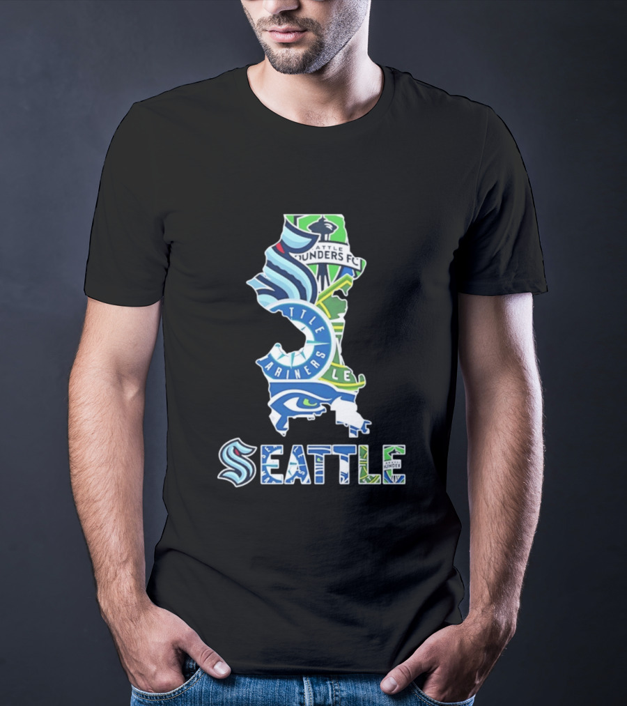 Seattle Kraken Mariners Seahawks Sounders FC Map Collage 2026 T-Shirt