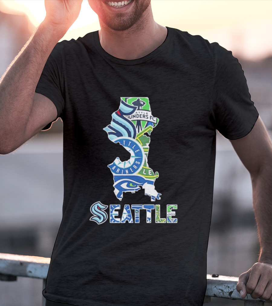 Seattle Kraken Mariners Seahawks Sounders FC Map Collage 2026 T-Shirt