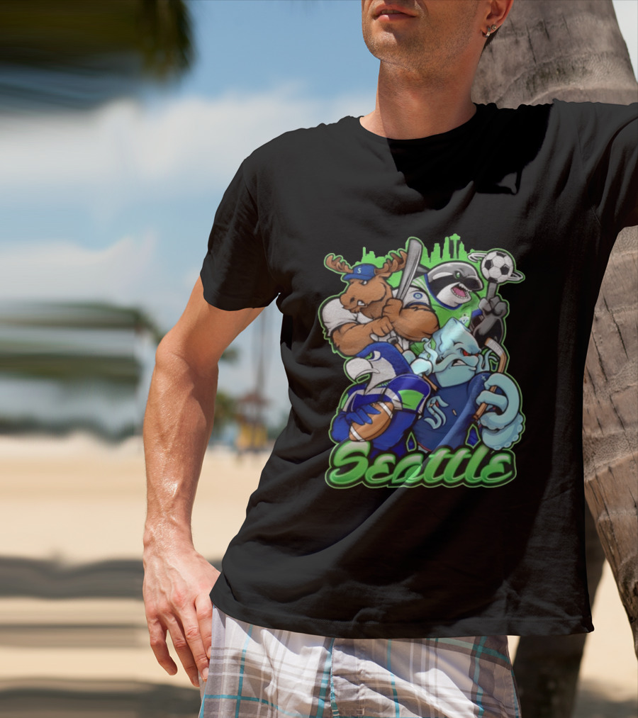 Seattle Sports Team Mascot Mashup With Moose Orca Octopus Bird Skyline T-Shirt