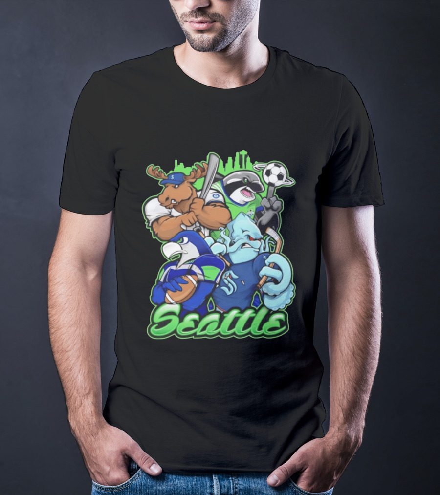 Seattle Sports Team Mascot Mashup With Moose Orca Octopus Bird Skyline T-Shirt