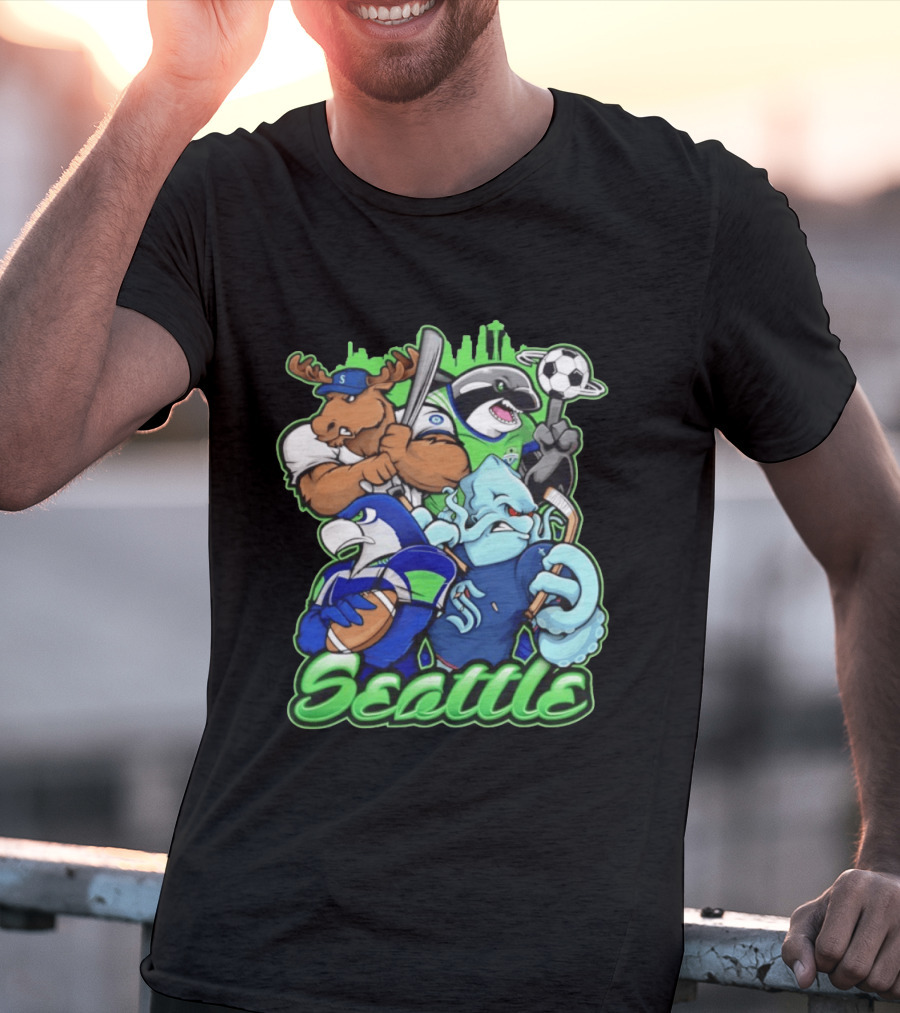 Seattle Sports Team Mascot Mashup With Moose Orca Octopus Bird Skyline T-Shirt