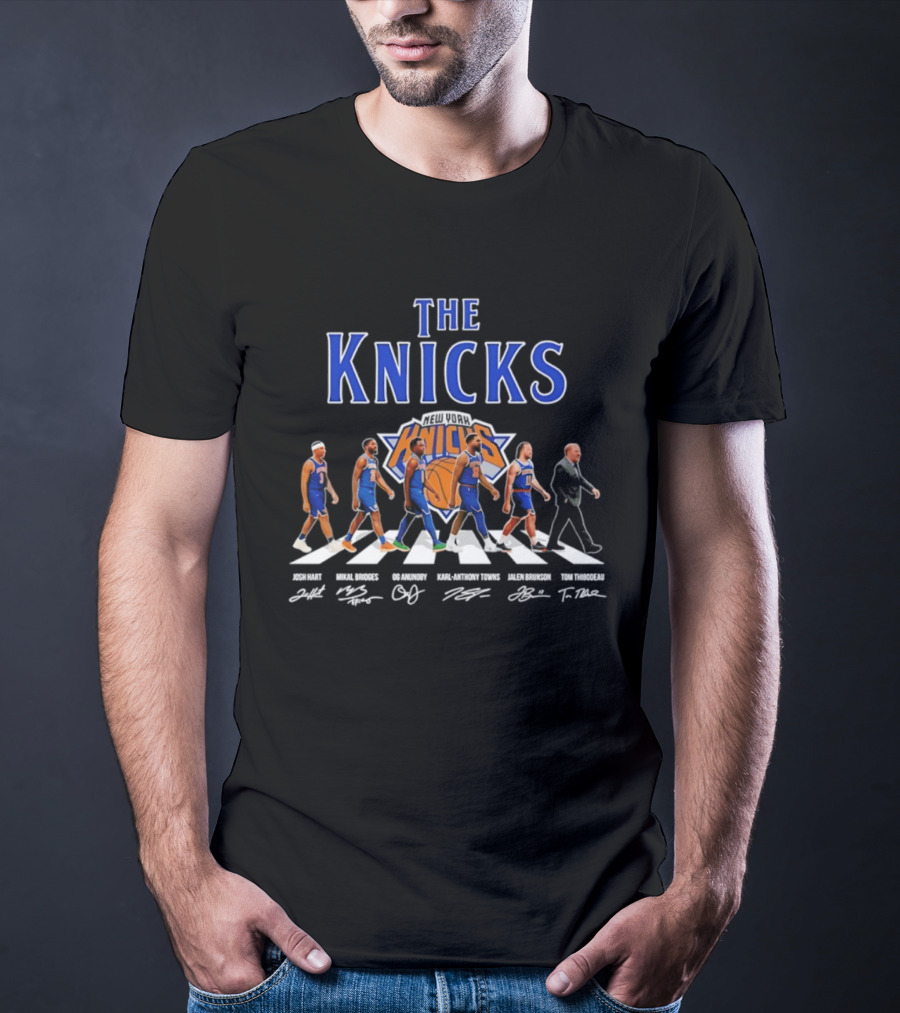 The Knicks Josh Hart Mikal Bridges OG Anunoby Karl Anthony Towns Jalen Brunson Tom Thibodeau Signatures Walking Knickerbockers T-Shirt