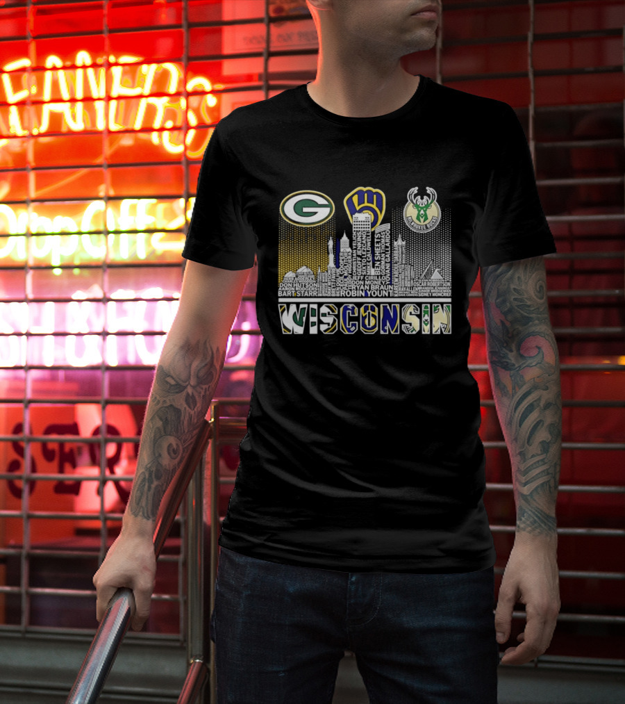 Wisconsin Green Bay Packers Milwaukee Brewers Bucks City Skyline Logos T-Shirt