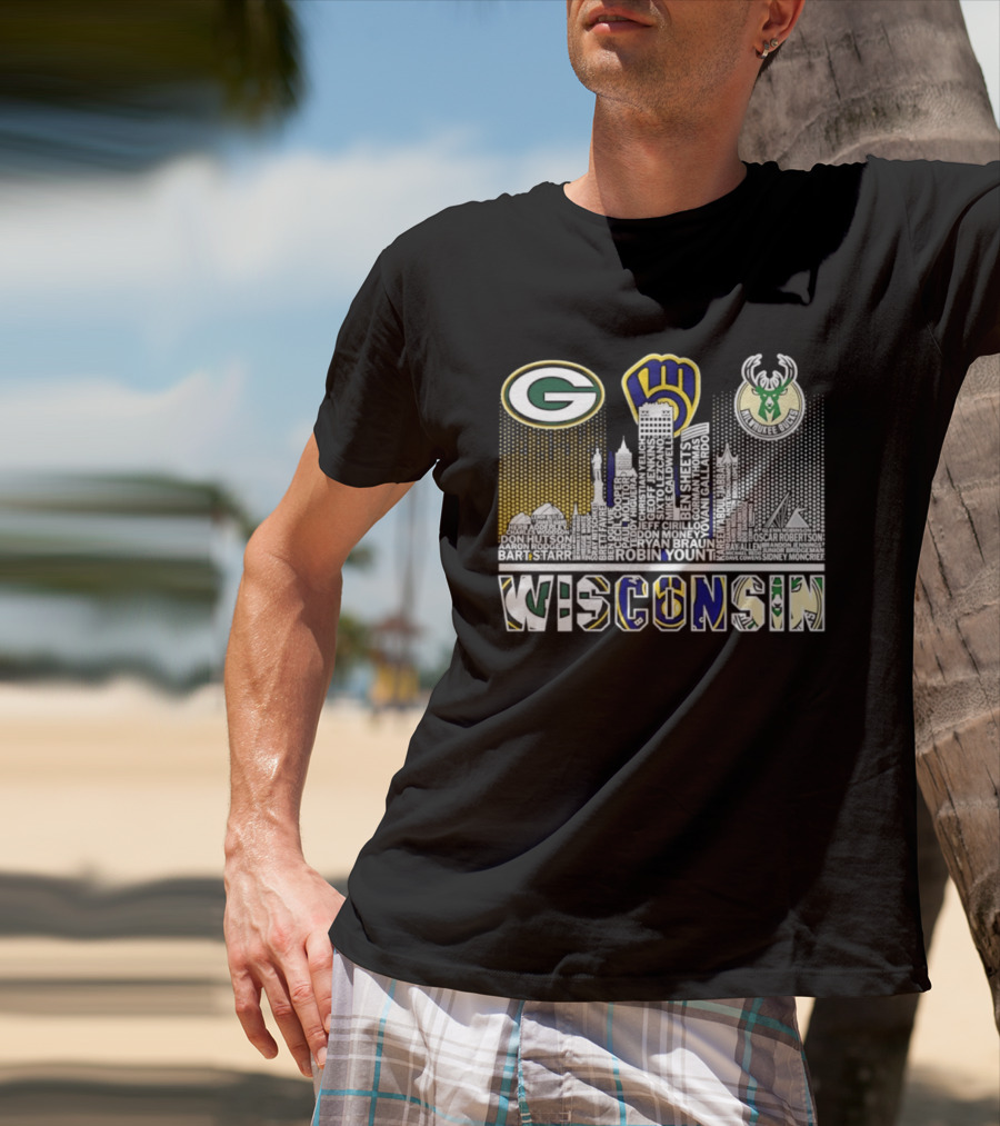Wisconsin Green Bay Packers Milwaukee Brewers Bucks City Skyline Logos T-Shirt