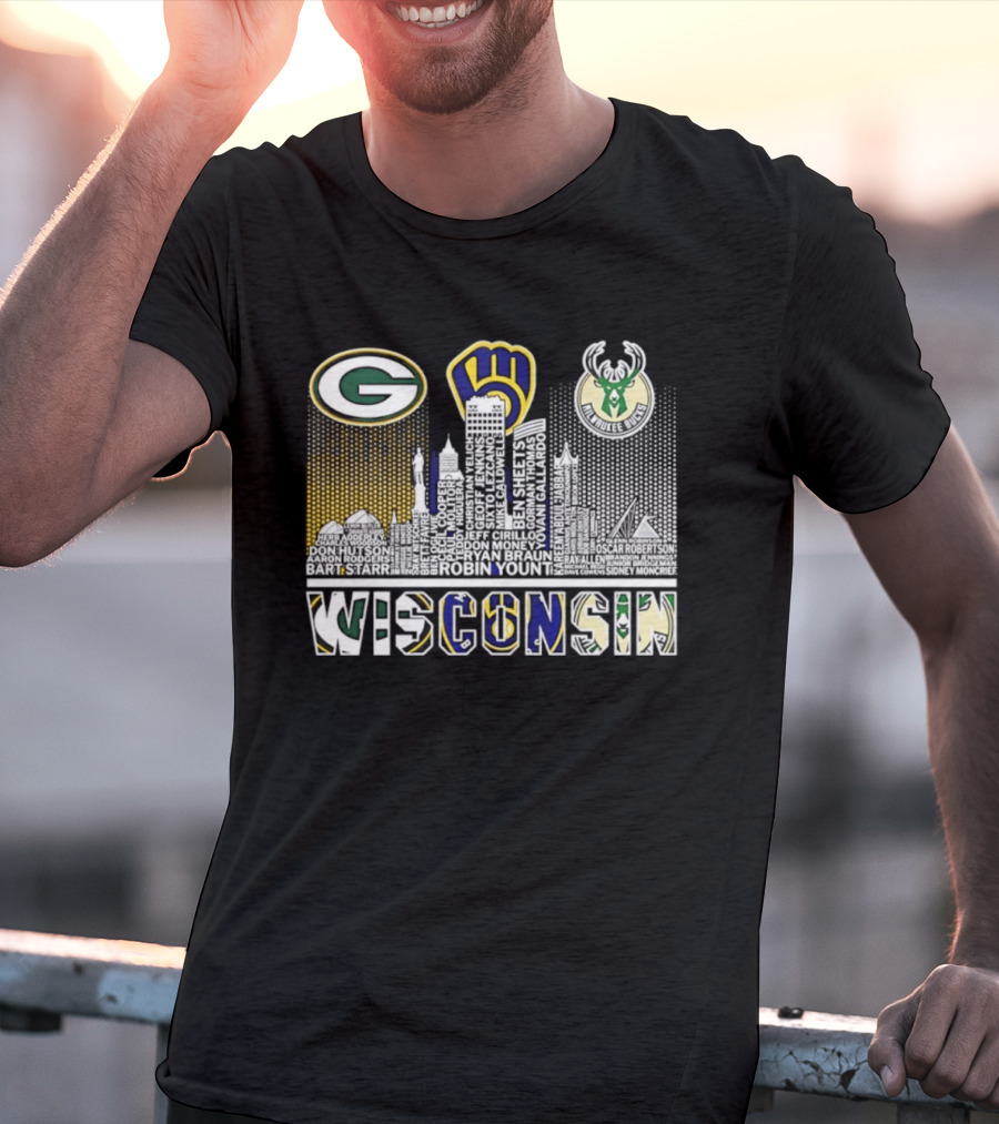 Wisconsin Green Bay Packers Milwaukee Brewers Bucks City Skyline Logos T-Shirt