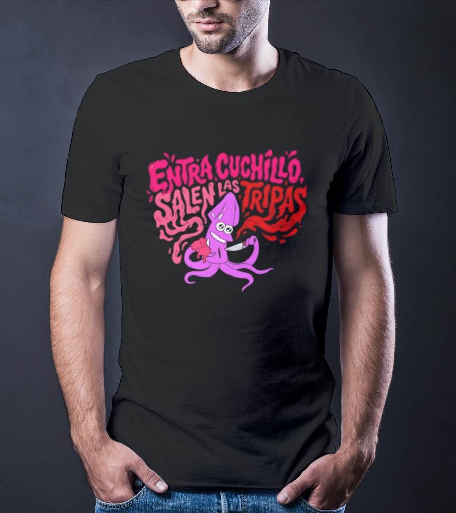 Entra Cuchillo Salen Las Tripas Squid Cartoon Knife Fun T-Shirt