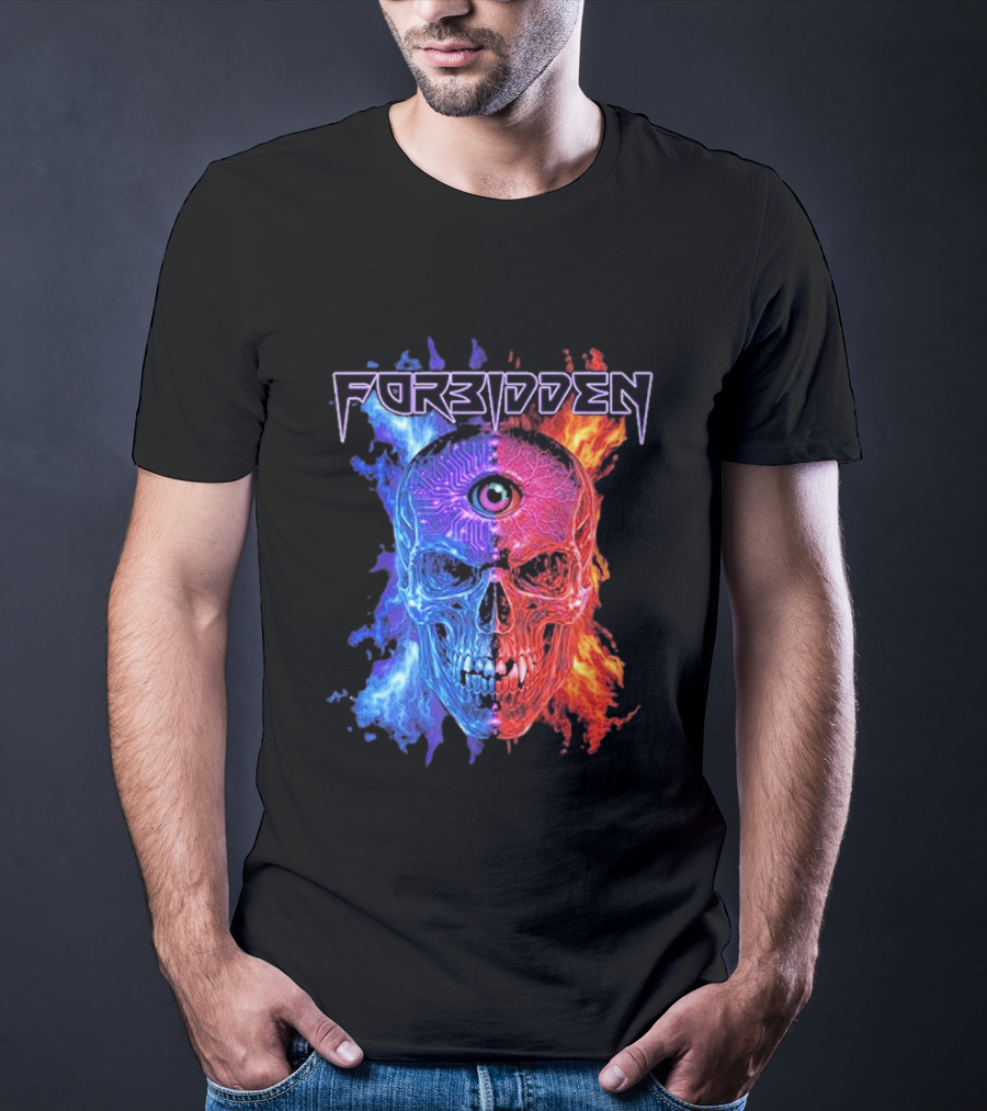 FORBIDDEN Skull Eye Flames Blue Red Fusion T-Shirt